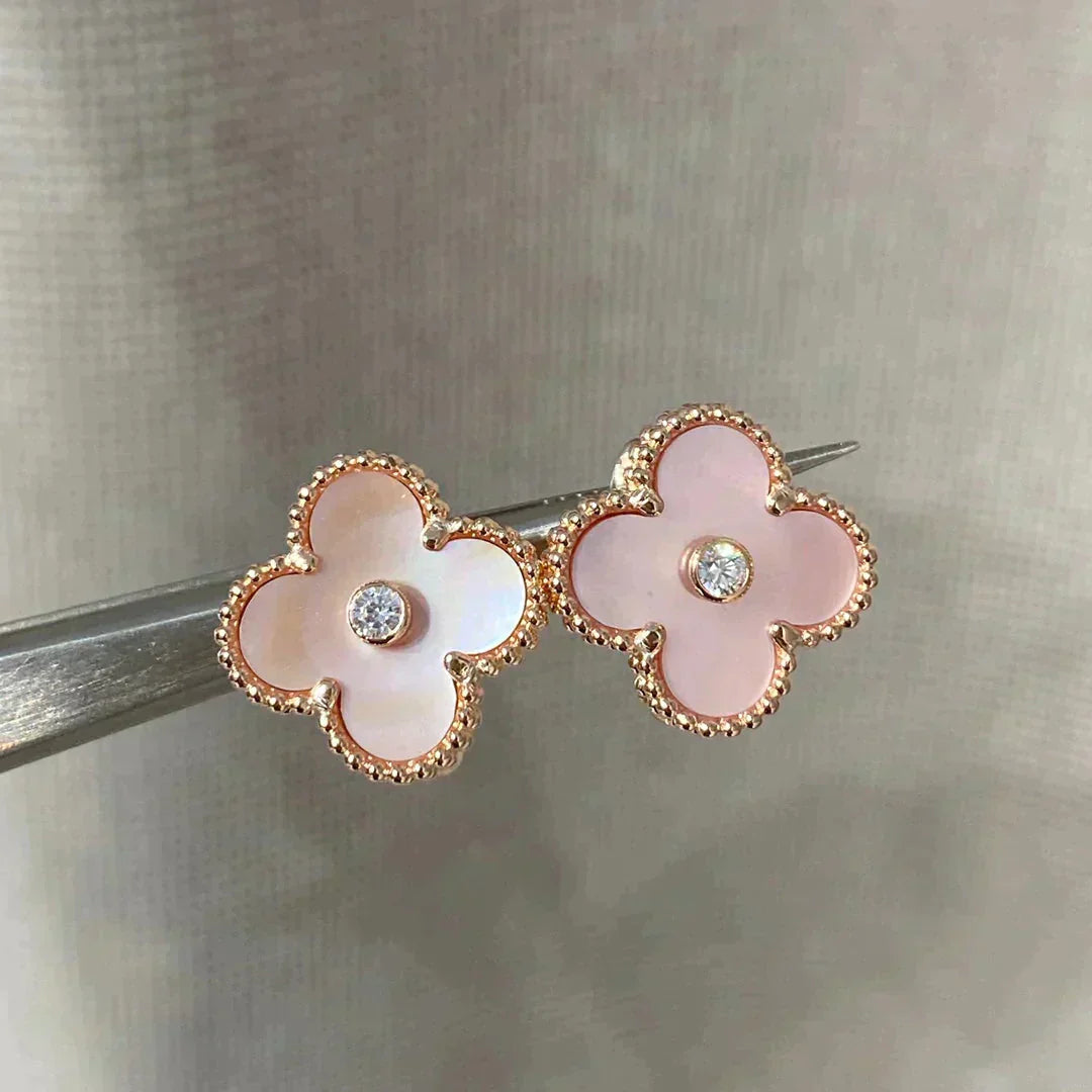 [WZQ]CLOVER MEDIUM 1 MOTIFS  PINK MOP DIAMOND EARRINGS