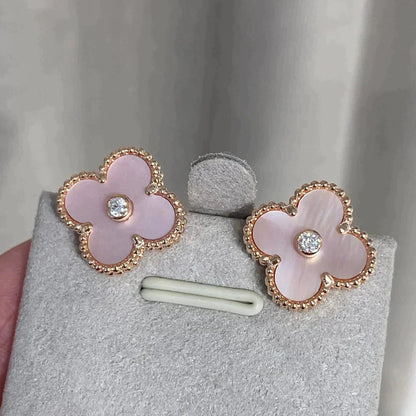[WZQ]CLOVER MEDIUM 1 MOTIFS  PINK MOP DIAMOND EARRINGS