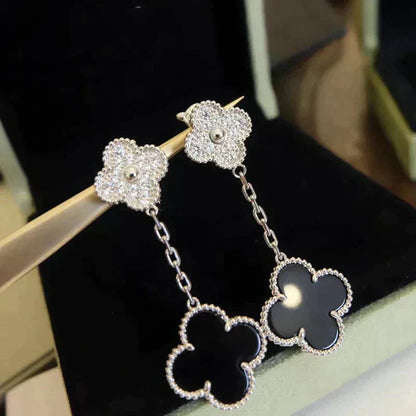 [WZQ]CLOVER 2 MOTIFS  DIAMOND ONYX EARRINGS SILVER