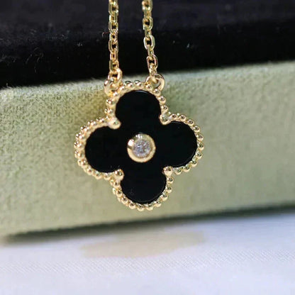 [WZQ]CLOVER 15MM DIAMOND ONYX NECKLACE