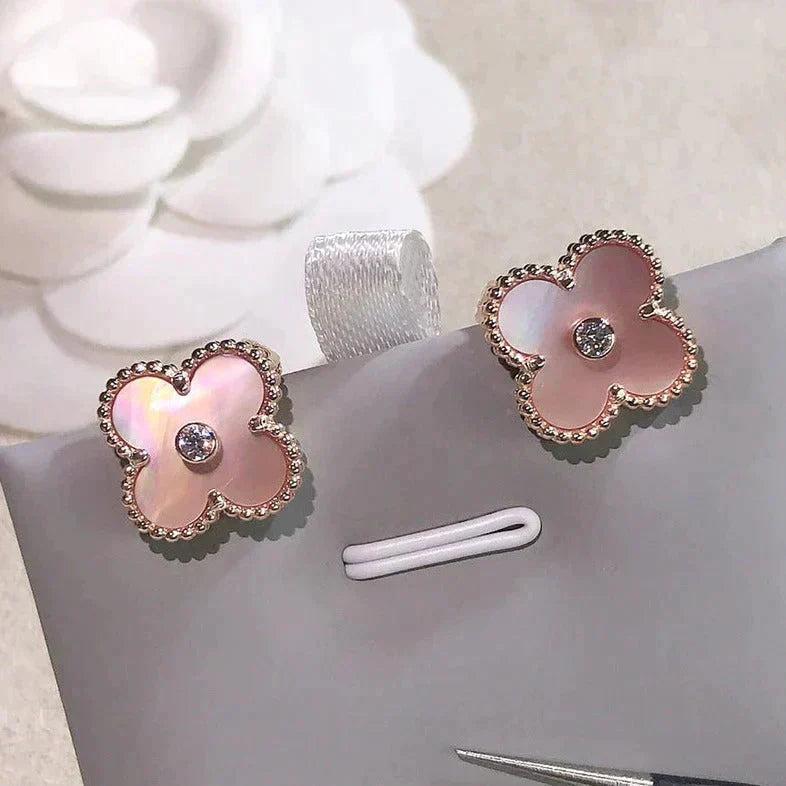[WZQ]CLOVER MEDIUM 1 MOTIFS  PINK MOP DIAMOND EARRINGS