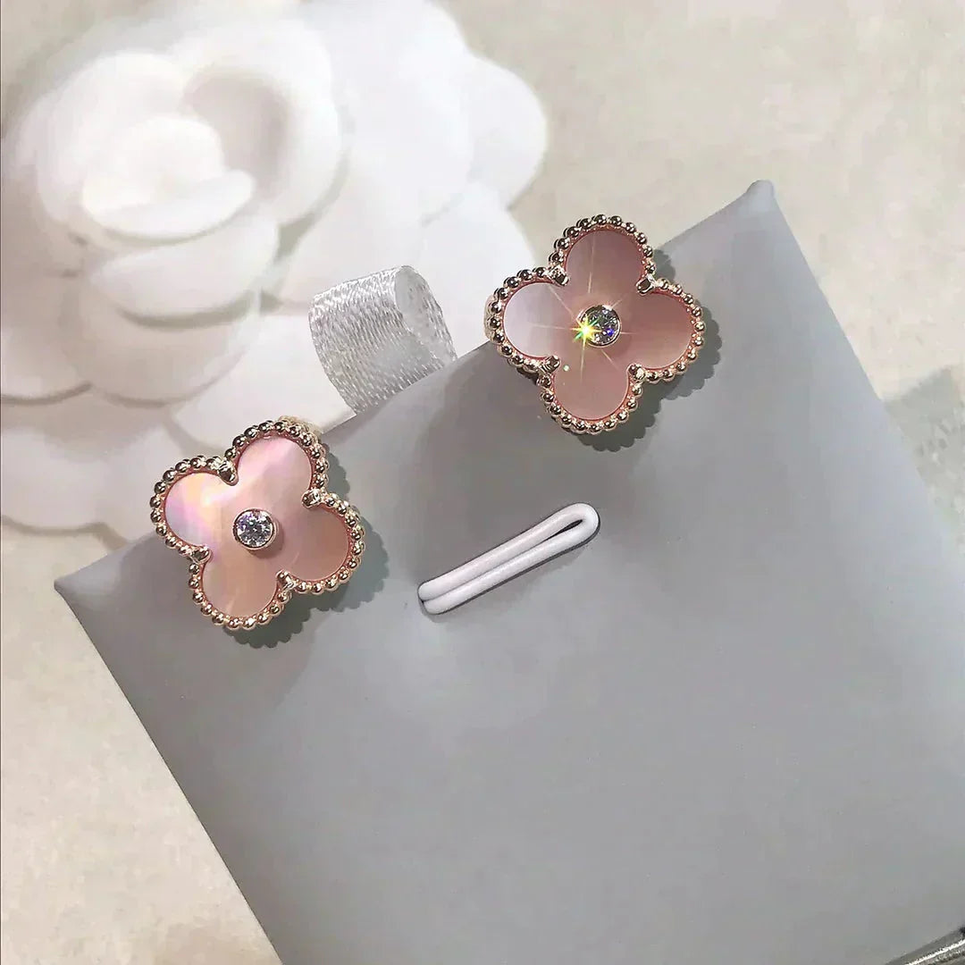 [WZQ]CLOVER MEDIUM 1 MOTIFS  PINK MOP DIAMOND EARRINGS