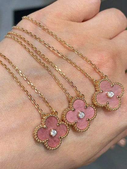 [WZQ]CLOVER 15MM DIAMOND RHODONITE NECKLACE