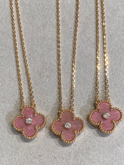 [WZQ]CLOVER 15MM DIAMOND RHODONITE NECKLACE