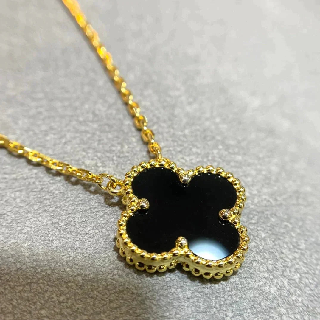[WZQ]CLOVER 15MM BLACK ONYX SINGLE FLOWER NECKLACE