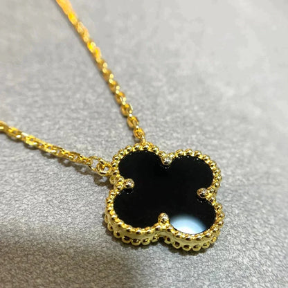 [WZQ]CLOVER 15MM BLACK ONYX SINGLE FLOWER NECKLACE