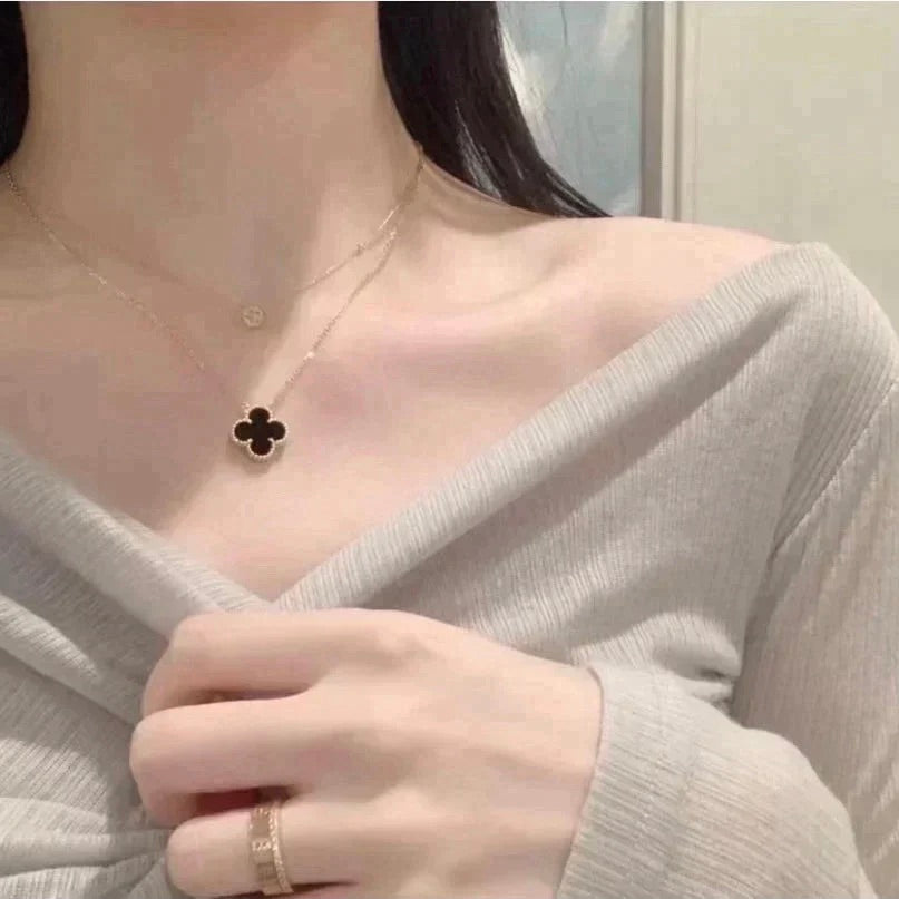 [WZQ]CLOVER 15MM BLACK ONYX SINGLE FLOWER NECKLACE