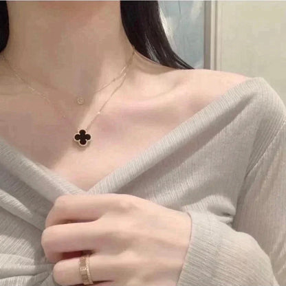 [WZQ]CLOVER 15MM BLACK ONYX SINGLE FLOWER NECKLACE