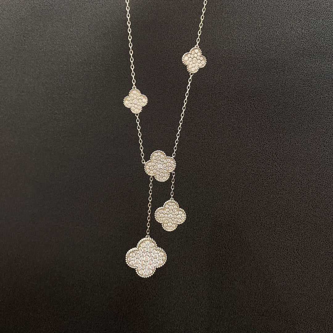 [WZQ]CLOVER 5 MOTIFS SILVER DIAMONDS NECKLACE