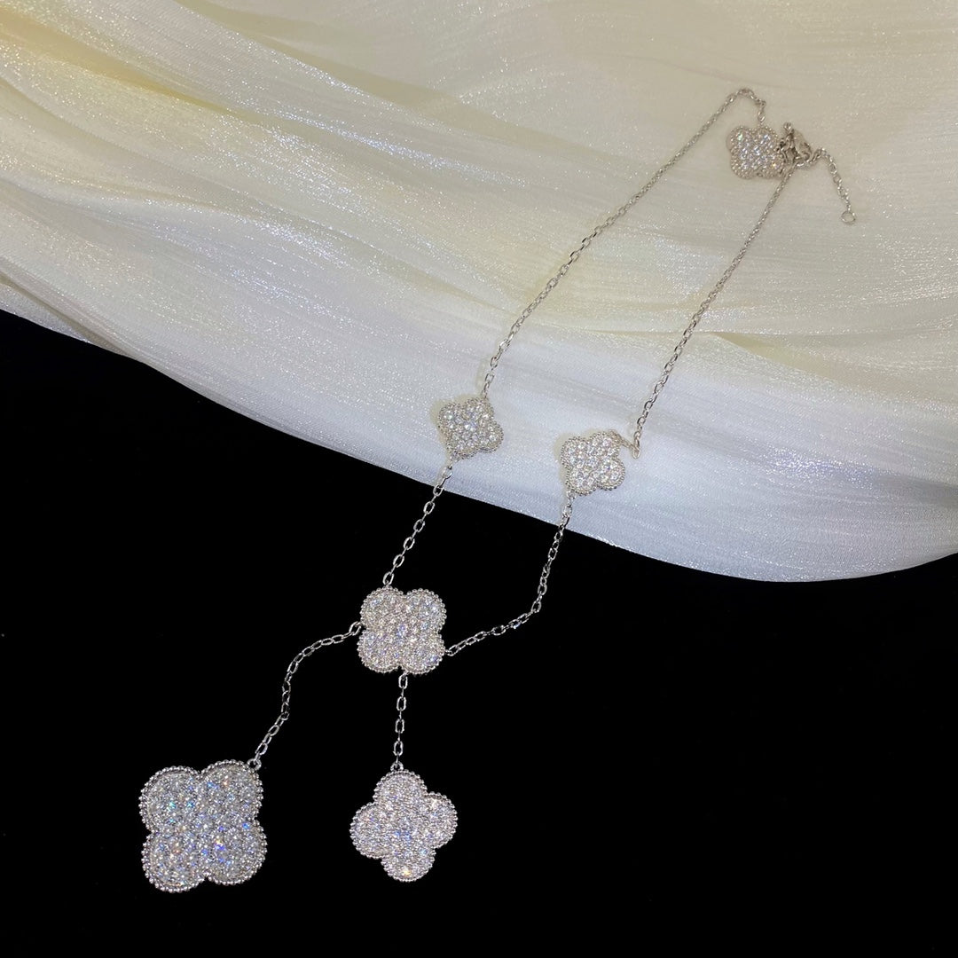 [WZQ]CLOVER 5 MOTIFS SILVER DIAMONDS NECKLACE