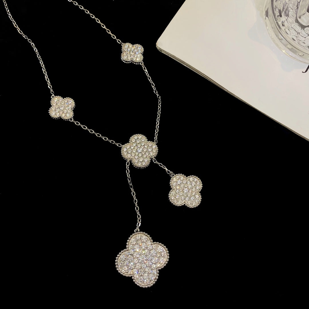 [WZQ]CLOVER 5 MOTIFS SILVER DIAMONDS NECKLACE