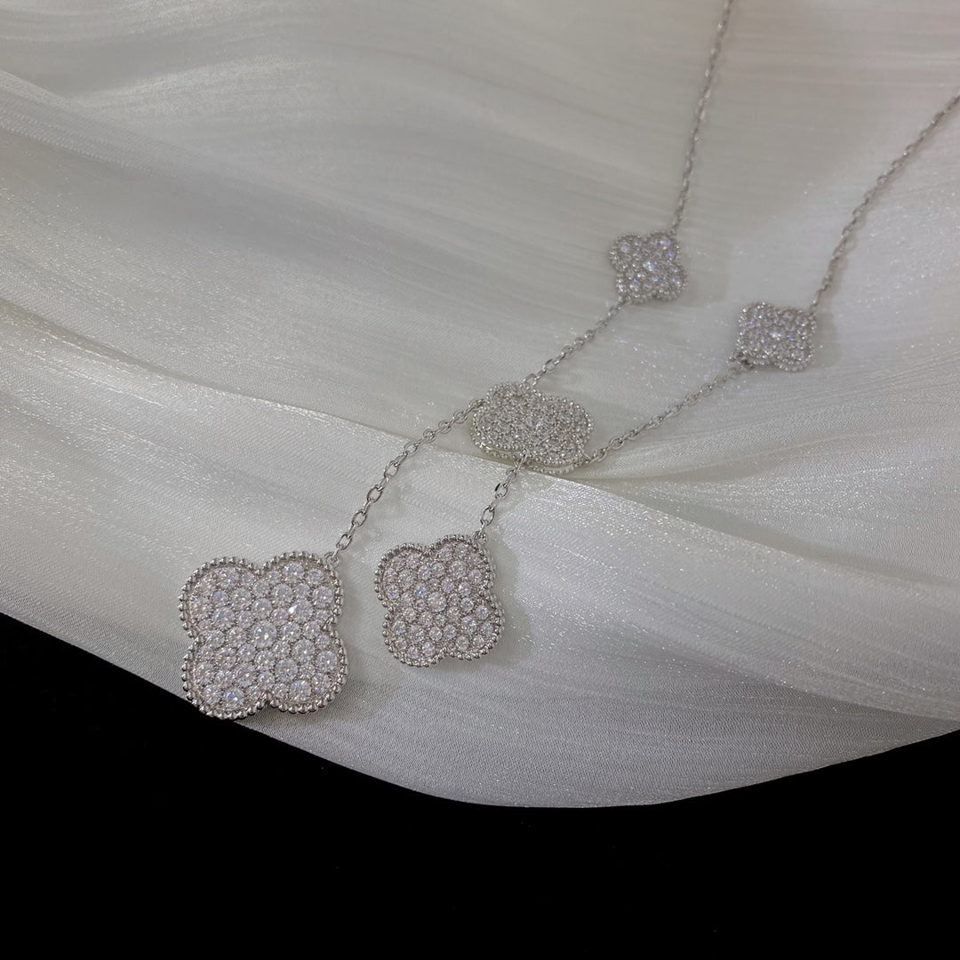 [WZQ]CLOVER 5 MOTIFS SILVER DIAMONDS NECKLACE