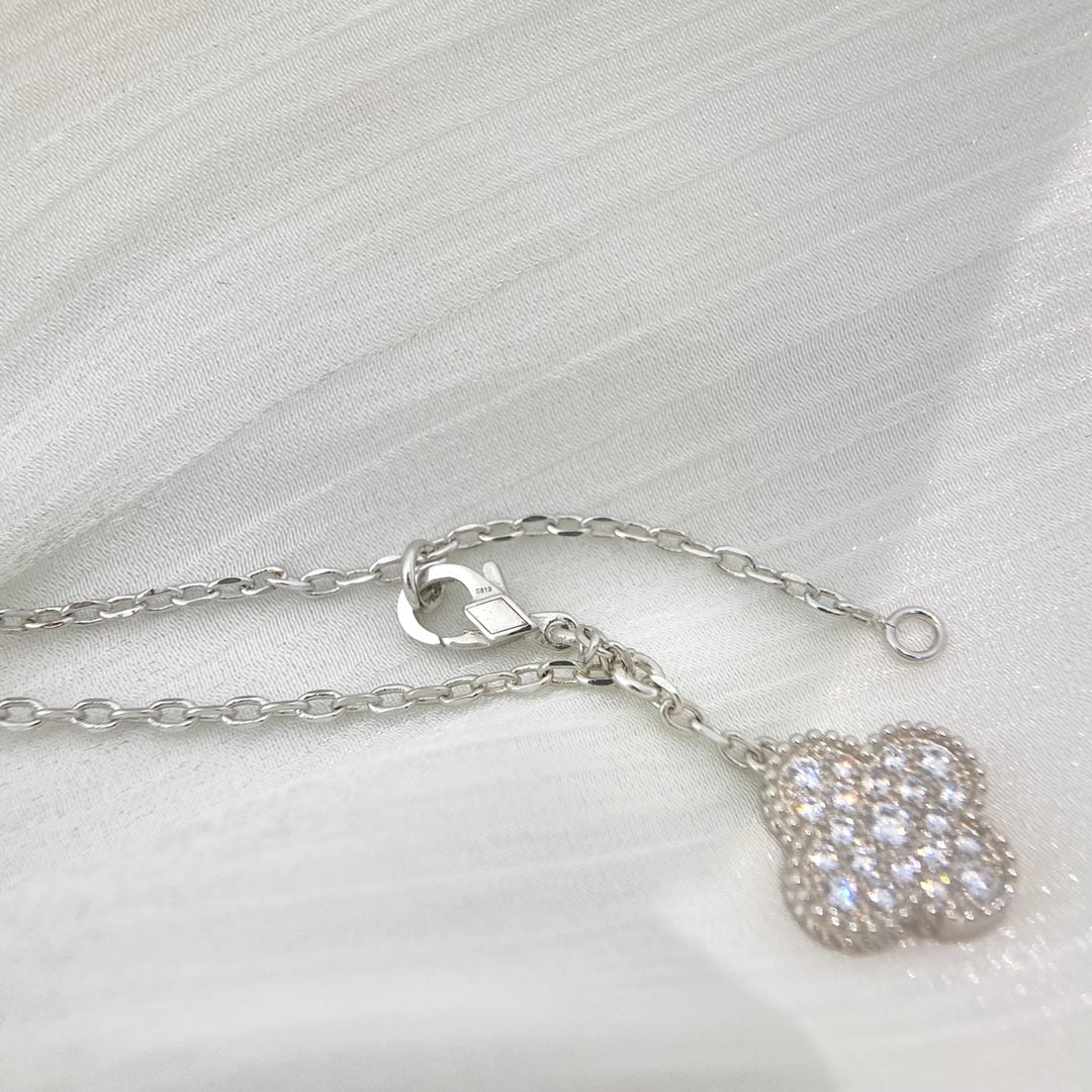 [WZQ]CLOVER 5 MOTIFS SILVER DIAMONDS NECKLACE