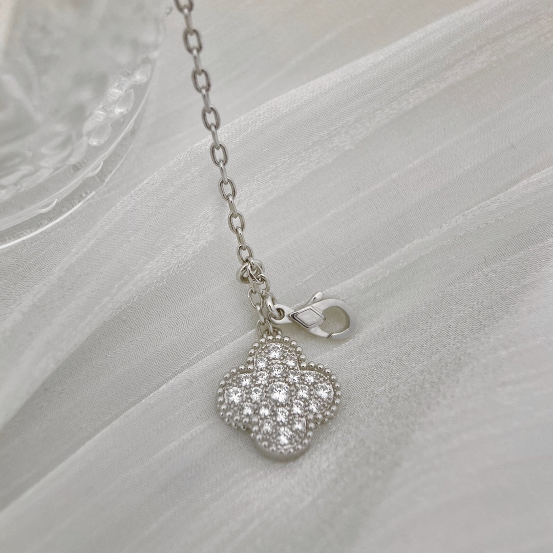 [WZQ]CLOVER 5 MOTIFS SILVER DIAMONDS NECKLACE