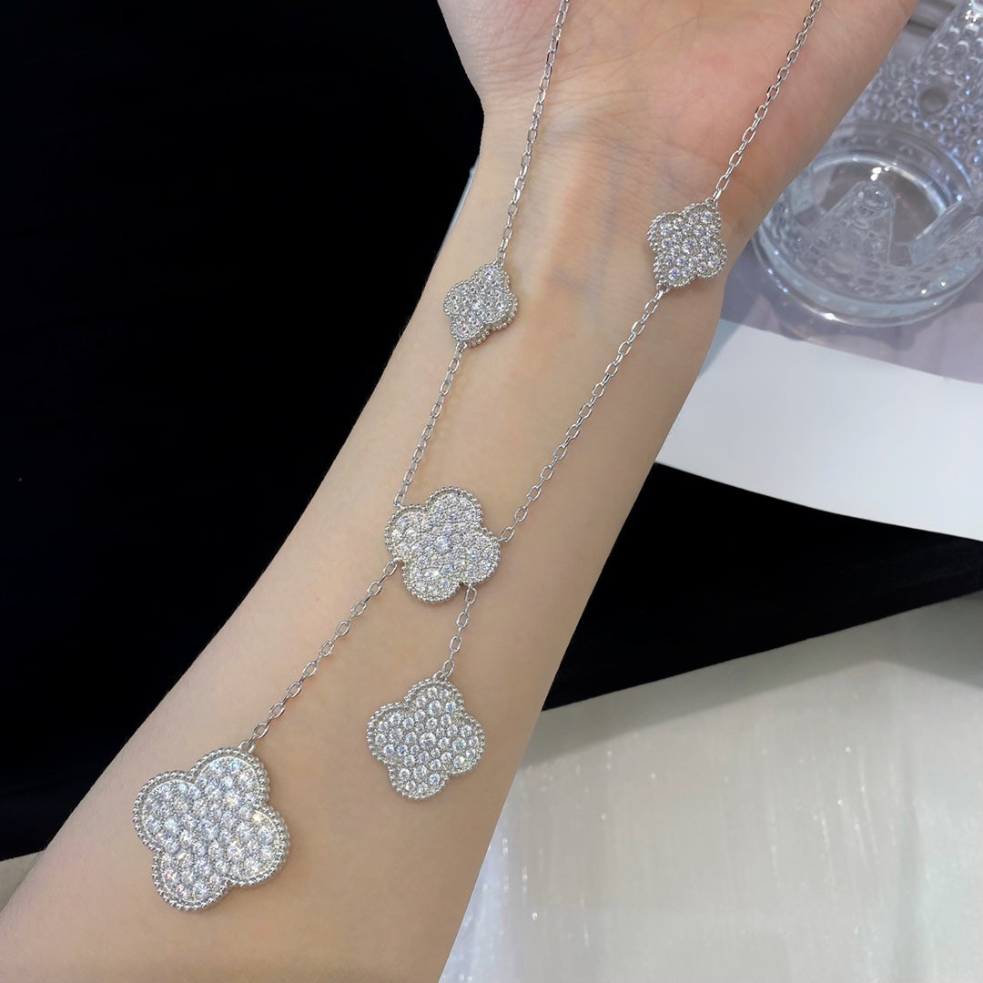 [WZQ]CLOVER 5 MOTIFS SILVER DIAMONDS NECKLACE
