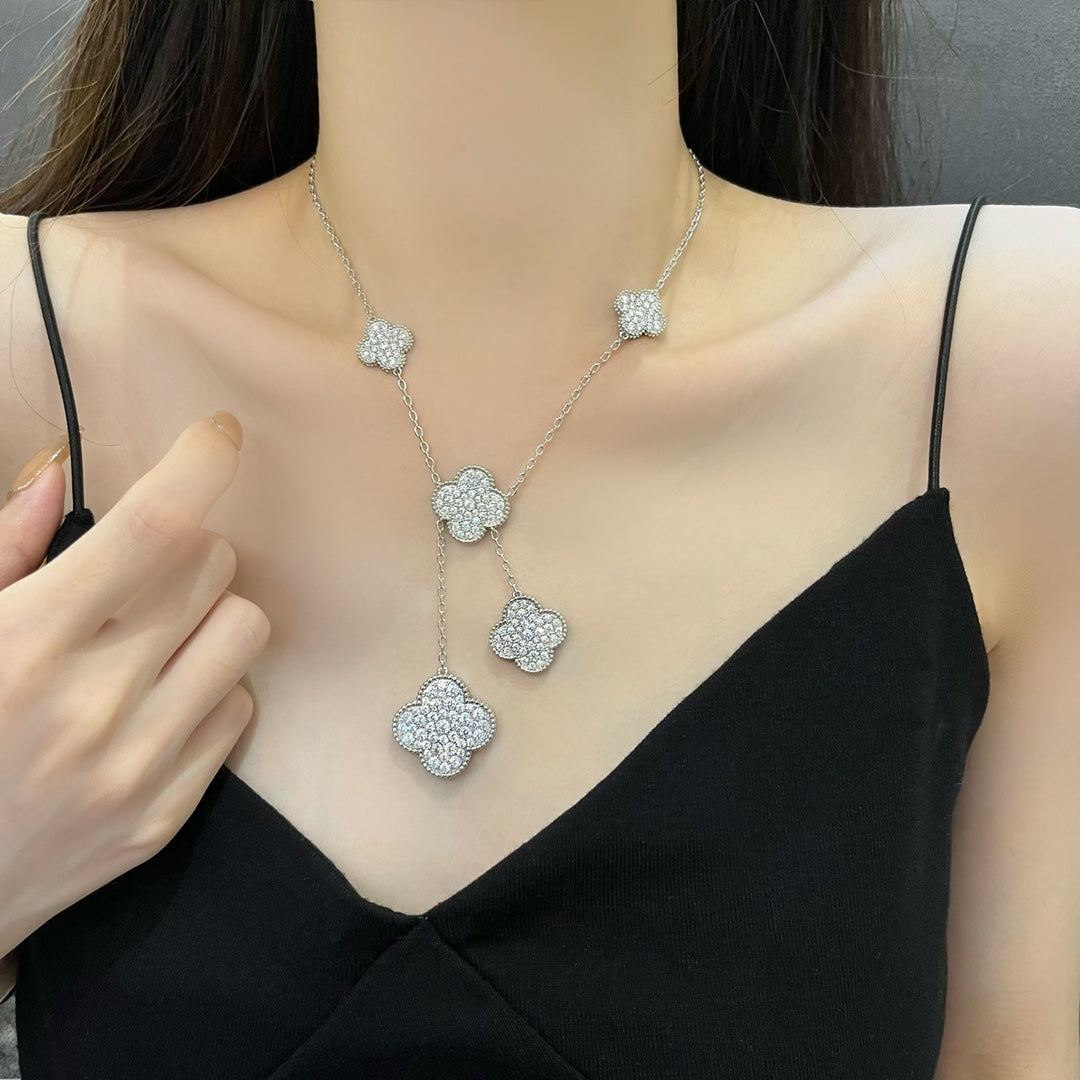 [WZQ]CLOVER 5 MOTIFS SILVER DIAMONDS NECKLACE