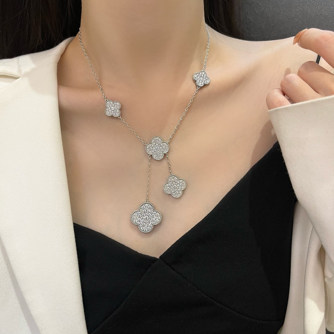 [WZQ]CLOVER 5 MOTIFS SILVER DIAMONDS NECKLACE