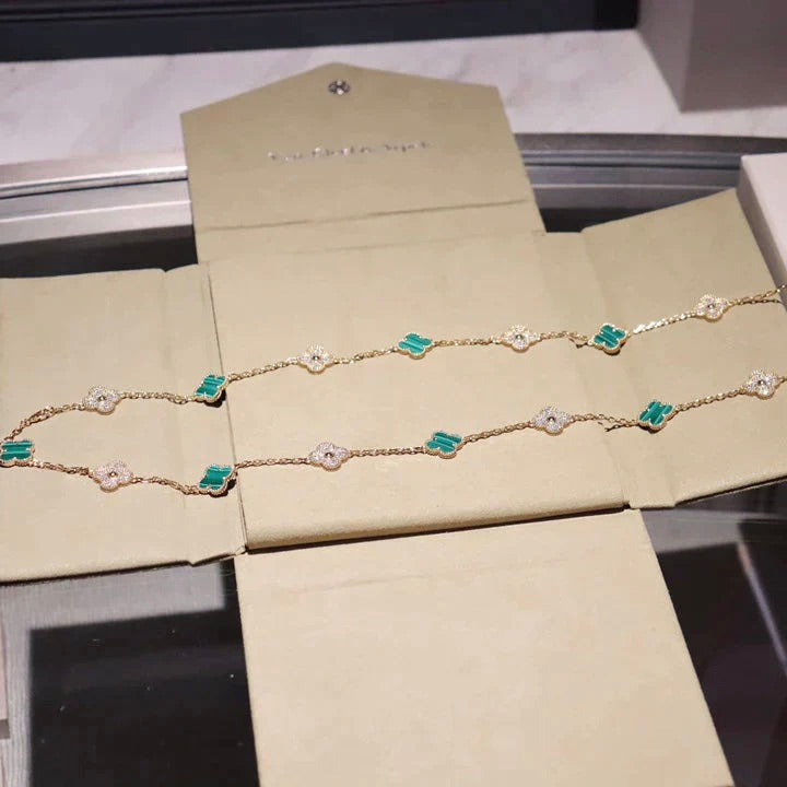 [WZQ]CLOVER 20 MOTIFS MALACHITE DIAMOND NECKLACE