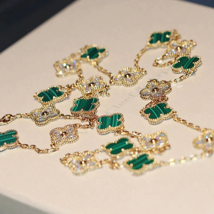 [WZQ]CLOVER 20 MOTIFS MALACHITE DIAMOND NECKLACE