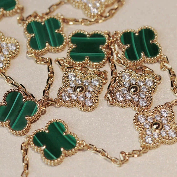 [WZQ]CLOVER 20 MOTIFS MALACHITE DIAMOND NECKLACE