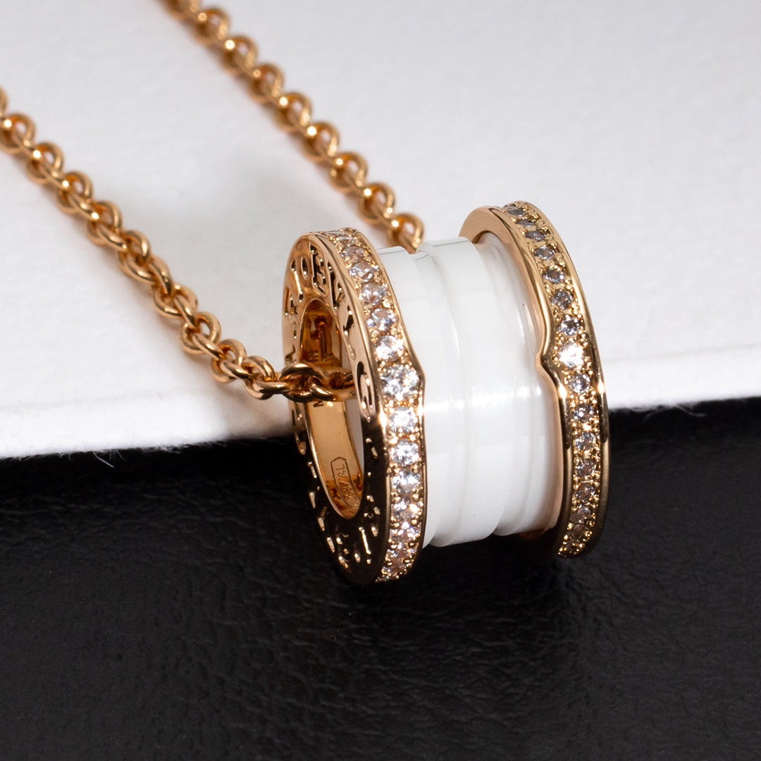 [WZQ]ZERO 1 WHITE CERAMIC PINK GOLD DIAMOND NECKLACE