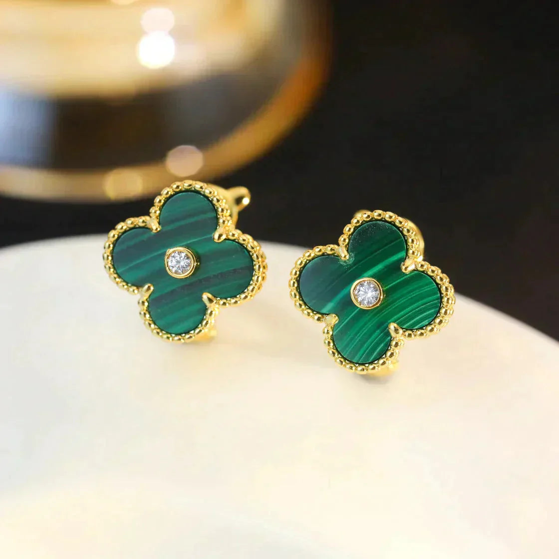 [WZQ]CLOVER MEDIUM 1 MOTIFS MALACHITE DIAMOND EARRINGS