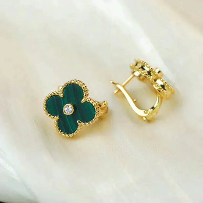 [WZQ]CLOVER MEDIUM 1 MOTIFS MALACHITE DIAMOND EARRINGS