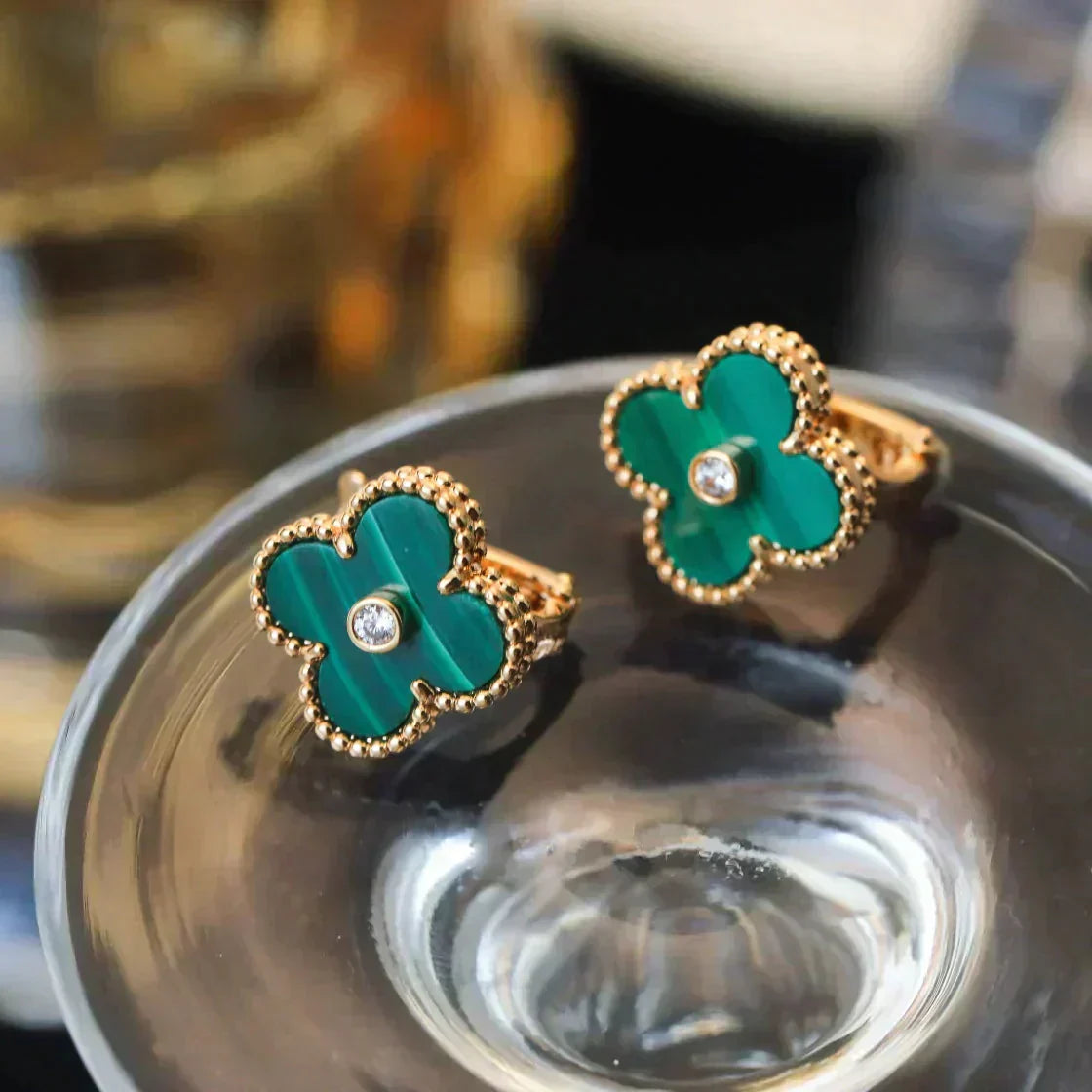 [WZQ]CLOVER MEDIUM 1 MOTIFS MALACHITE DIAMOND EARRINGS