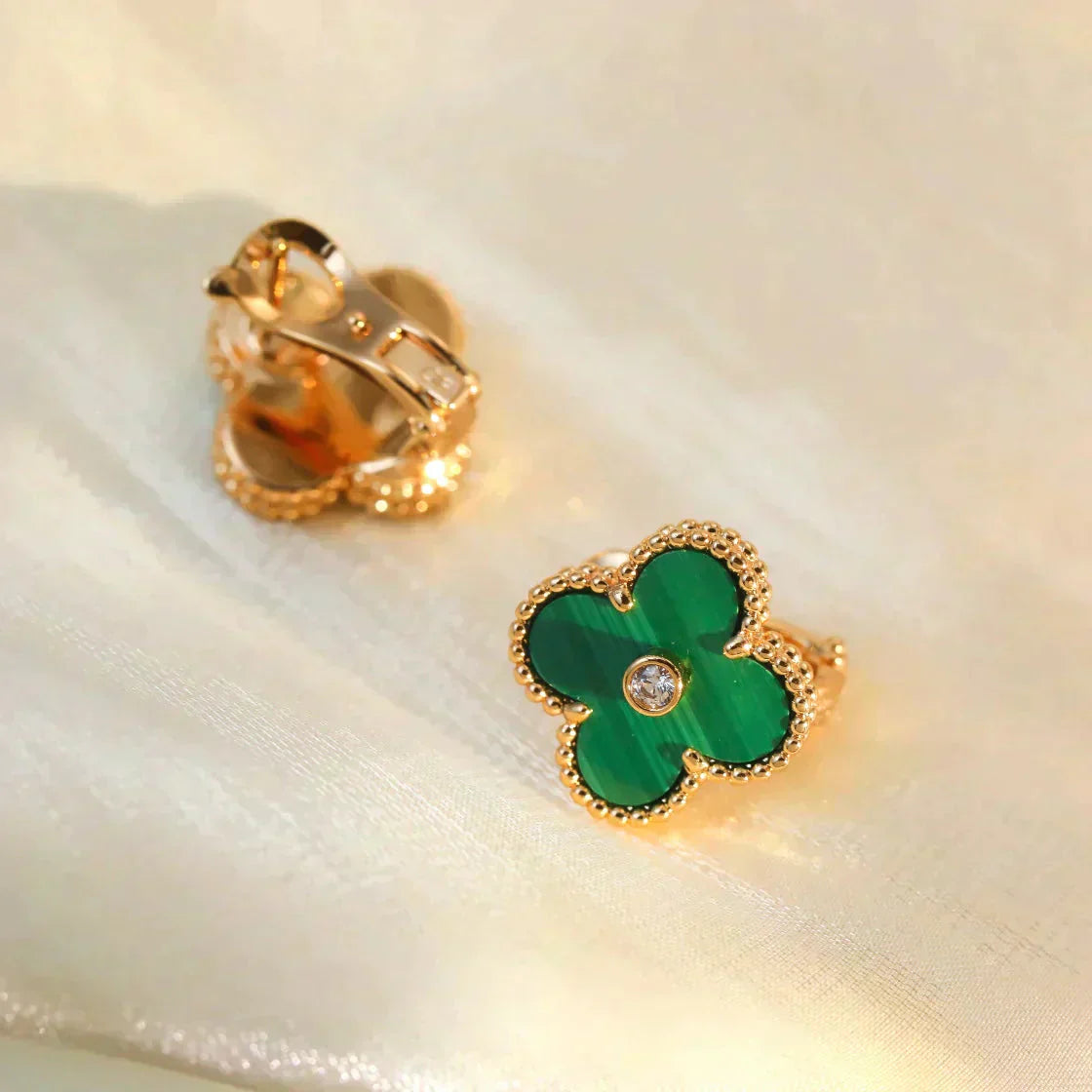 [WZQ]CLOVER MEDIUM 1 MOTIFS MALACHITE DIAMOND EARRINGS