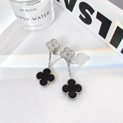 [WZQ]CLOVER 2 MOTIFS  DIAMOND ONYX EARRINGS SILVER
