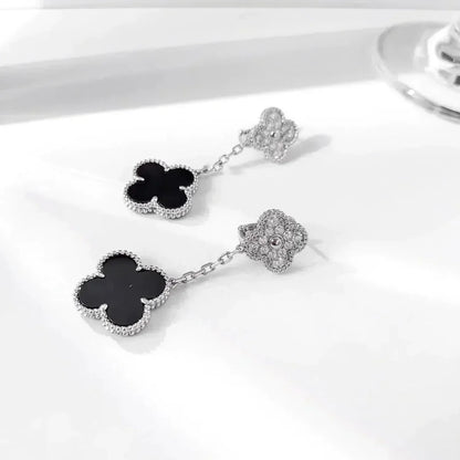 [WZQ]CLOVER 2 MOTIFS  DIAMOND ONYX EARRINGS SILVER