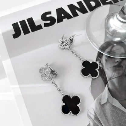 [WZQ]CLOVER 2 MOTIFS  DIAMOND ONYX EARRINGS SILVER