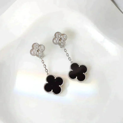 [WZQ]CLOVER 2 MOTIFS  DIAMOND ONYX EARRINGS SILVER