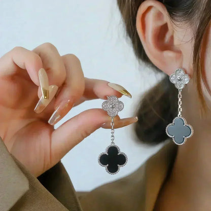 [WZQ]CLOVER 2 MOTIFS  DIAMOND ONYX EARRINGS SILVER