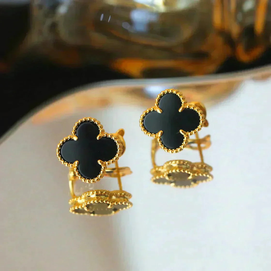 [WZQ]CLOVER MEDIUM 1 MOTIFS  ONYX STUD EARRINGS