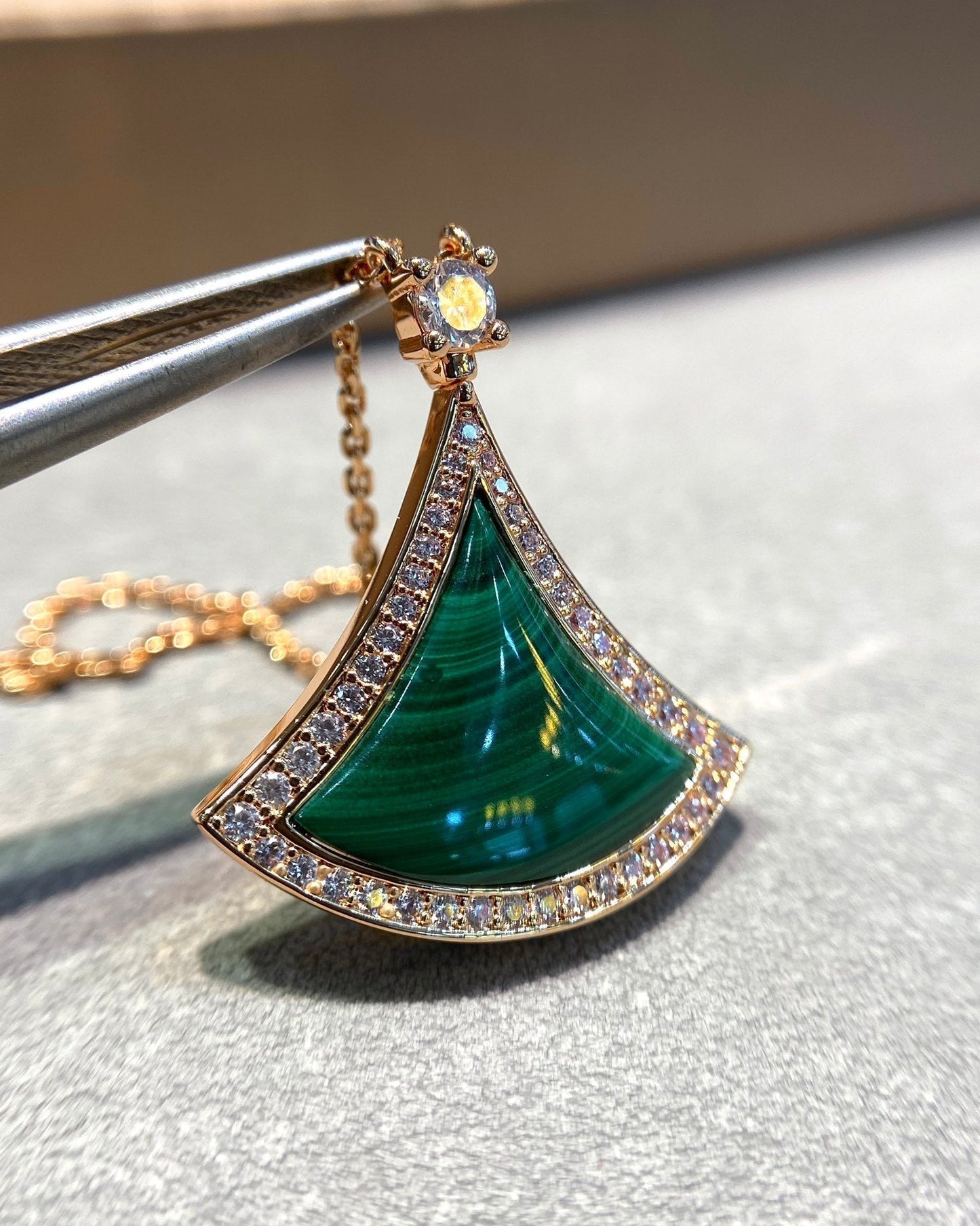 [WZQ]DREAM MALACHITE DIAMOND PAVED PINK GOLD NECKLACE