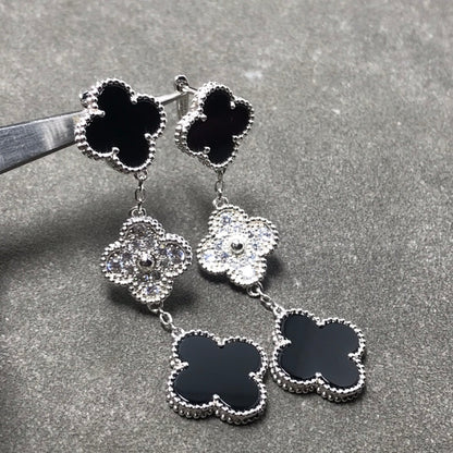 [WZQ]CLOVER 3 MOTIF DIAMOND ONYX SILVER EARRINGS