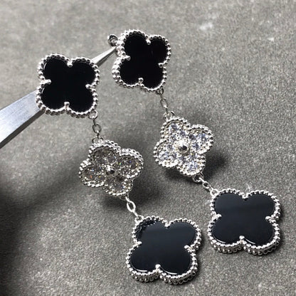 [WZQ]CLOVER 3 MOTIF DIAMOND ONYX SILVER EARRINGS