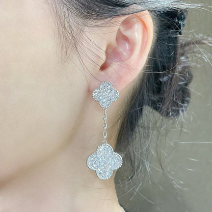 [WZQ]CLOVER 2 MOTIFS DIAMOND PAVED SILVER EARRINGS