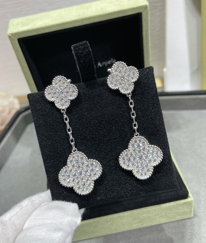 [WZQ]CLOVER 2 MOTIFS DIAMOND PAVED SILVER EARRINGS