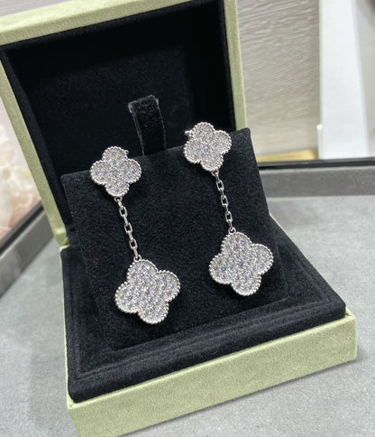 [WZQ]CLOVER 2 MOTIFS DIAMOND PAVED SILVER EARRINGS