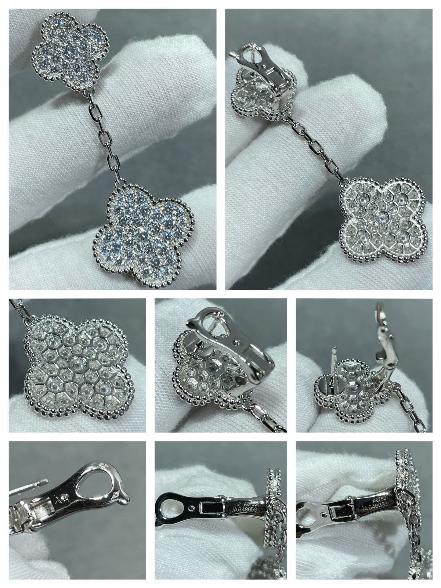 [WZQ]CLOVER 2 MOTIFS DIAMOND PAVED SILVER EARRINGS