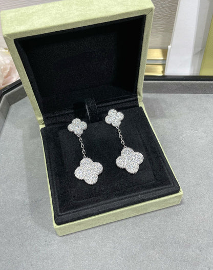 [WZQ]CLOVER 2 MOTIFS DIAMOND PAVED SILVER EARRINGS