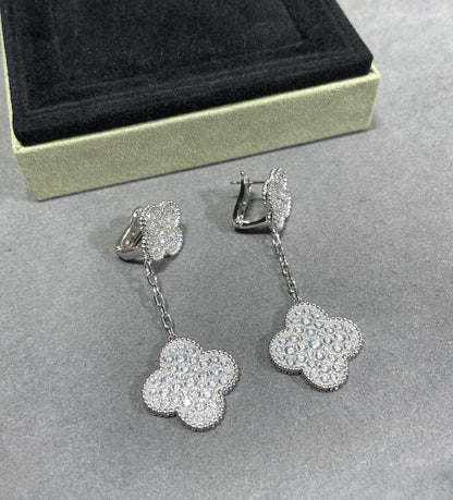 [WZQ]CLOVER 2 MOTIFS DIAMOND PAVED SILVER EARRINGS