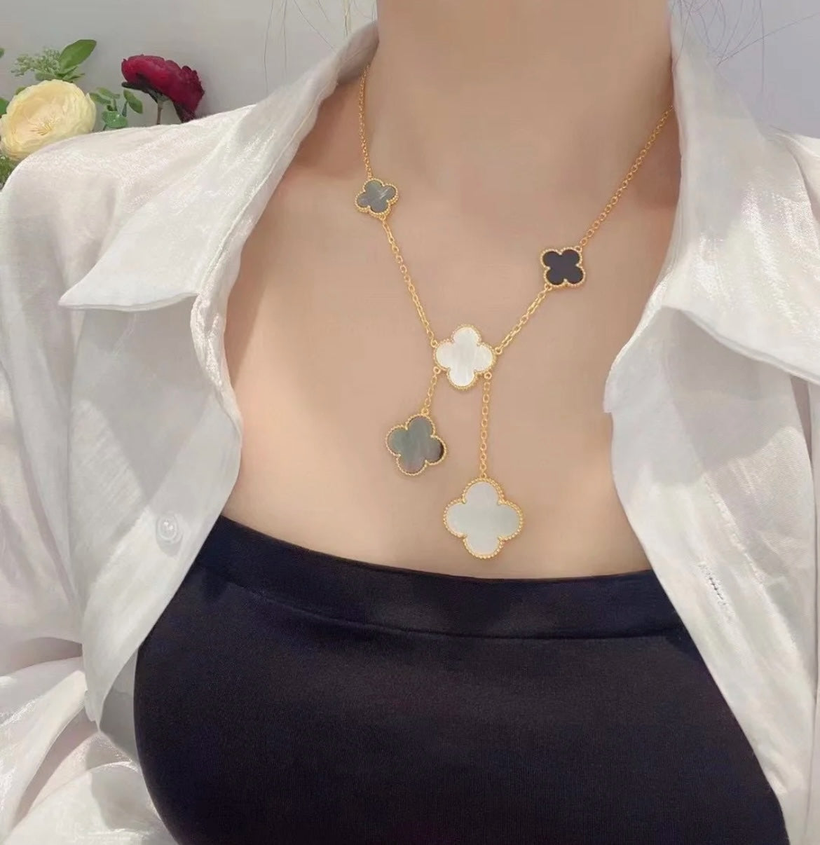 [WZQ]CLOVER 6 MOTIF MOP ONYX GOLD NECKLACE