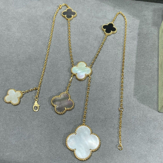 [WZQ]CLOVER 6 MOTIF MOP ONYX GOLD NECKLACE