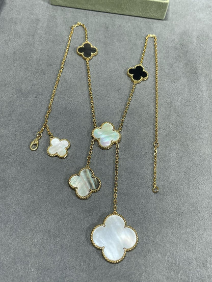 [WZQ]CLOVER 6 MOTIF MOP ONYX GOLD NECKLACE