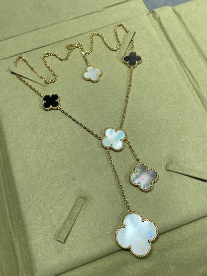 [WZQ]CLOVER 6 MOTIF MOP ONYX GOLD NECKLACE