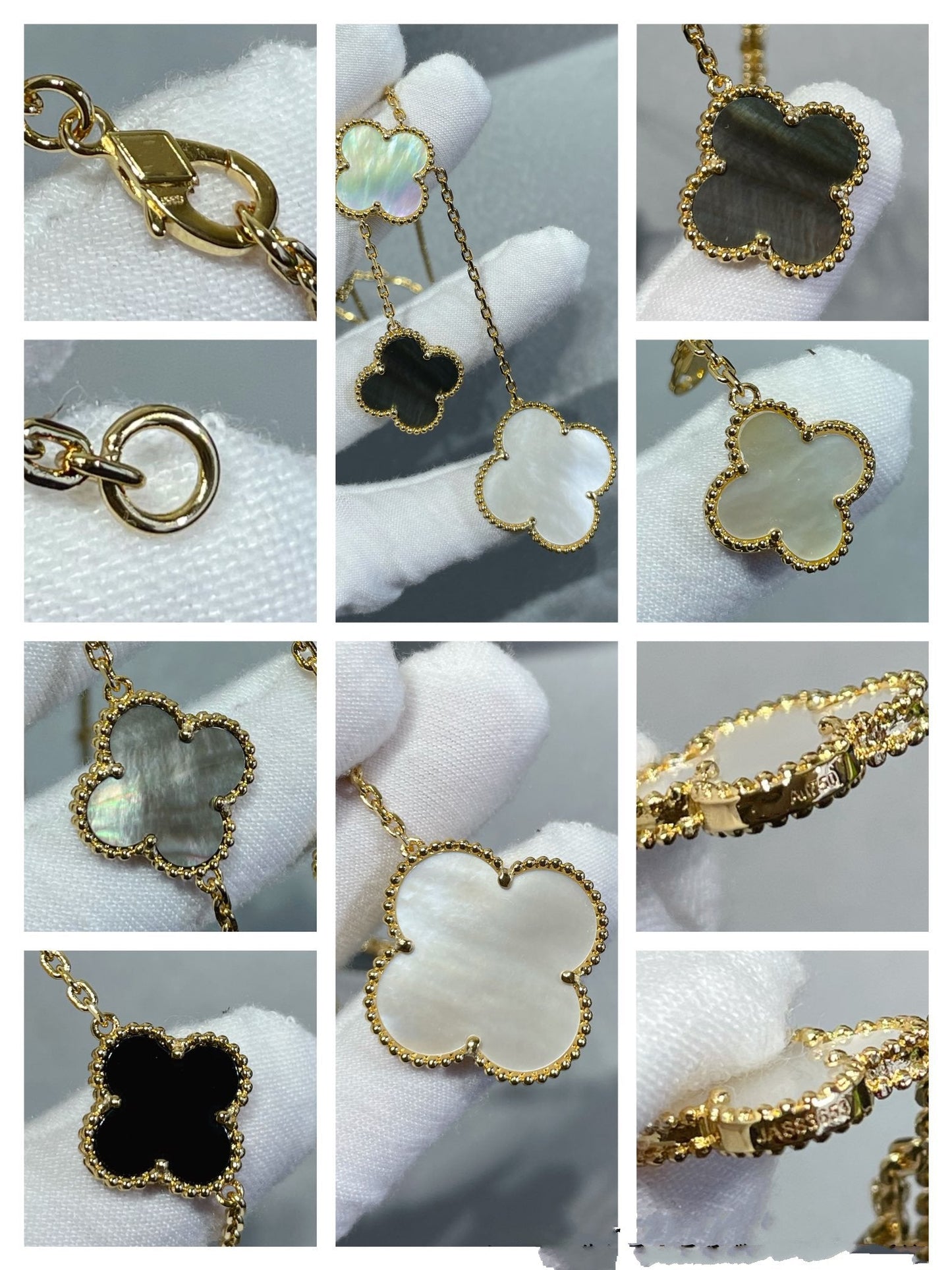 [WZQ]CLOVER 6 MOTIF MOP ONYX GOLD NECKLACE