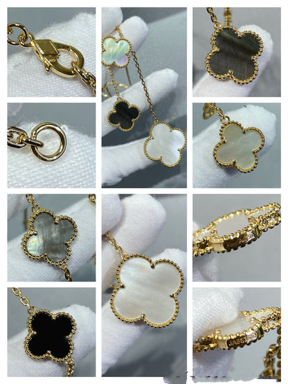 [WZQ]CLOVER 6 MOTIF MOP ONYX GOLD NECKLACE